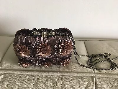 Darling Beige Floral Satin  Evening Handbag With Diamante Claps And Chain • £15