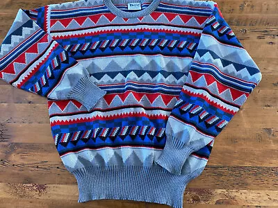 Vtg MEISTER Red Blue & Gray Geo Patterned Pullover Ski Sweater Mens Size Large • $99.99