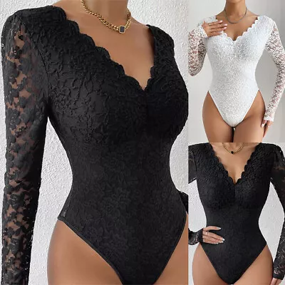 Womens Long Sleeve Lace Floral V-Neck Bodysuit Slim Fit Basic Elegant Sheer Tops • $18.59