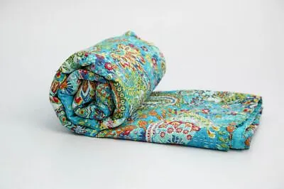 Indian Kantha Twin Quilt Turquoise Paisley Reversible Bedspread Blanket Throw • £35.44