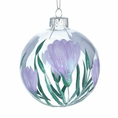 £4.99 • Buy Gisela Graham Christmas - Glass Dec 8cm - Clear Bauble W Painted Lilac Crocus