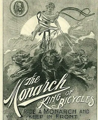 1896 Bicycle Ad Chariot Lions  RIDE A MONARCH AND KEEP IN FRONT  Sunrise 5205 • $11.97