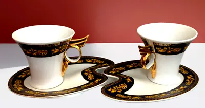 Versace Style Gold Greek Key Porcelain Set Of 2 Tea Cups & Sauce • $89