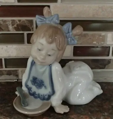 NAO Lladro 1076  Not Hungry  Baby Girl Blue Bows W Bowl & Spoon - MWOB RV$125 • $39.95