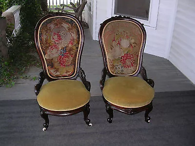 Wonderful Pair Of Antique George Henkel Rosewood Slipper Chairs Needle Point • $2500