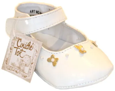 COUCHE TOT Baby Girl PRAM SHOES Pre Walker High Gloss WHITE Soft Patent Leather. • £9.49