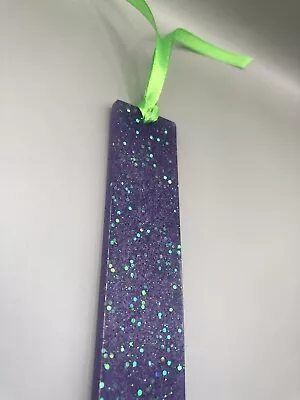 Handmade Resin Bookmark- Purple With Lime Green Glitter-Matching Lime Ribbon • £3.50