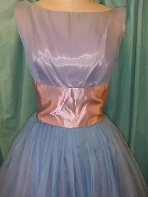 Vtg 50s Frozen Ice Cinderella Blue Pink Teacup Garden Party Prom Dress Pin Up S • $81.02