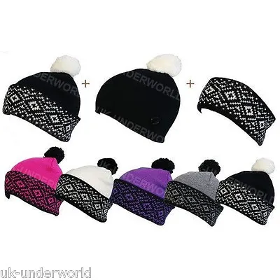 Ladies Beanie Hat Headband 3 In 1 Knitted Fairisle Ski Bobble Adults Cap • £5.99