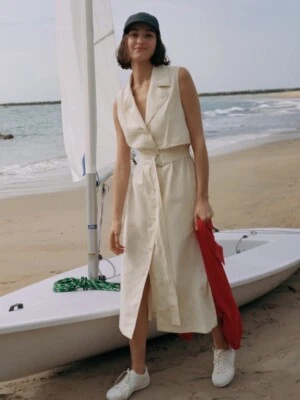 £60 • Buy Uniqlo JW Anderson Linen Blend Sleeveless Belted Lapel Dress White Size 10