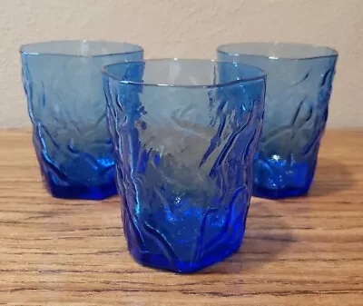 3 Vtg Seneca Driftwood Blue Rocks Old Fashion Glasses Crinkle Glass Morgantown • $12.99