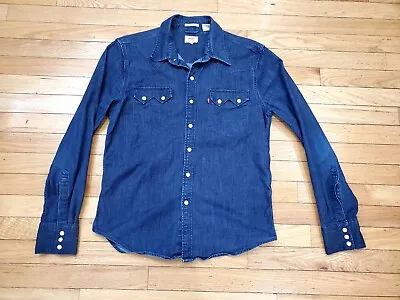 Levis Western Sawtooth Stretch Denim Pearl Snap Shirt Men's Small • $29