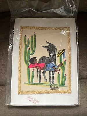 Vintage Mexican Art Burlap Signed Baena Watercolor  Painting Boys Donkey • $59.99