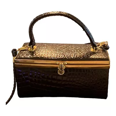 Vintage Lisette New York Box Purse Train Case Bag Brown Faux Alligator Small • $79.99