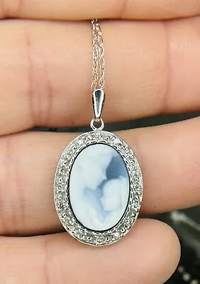 14k White Gold Blue Agate Mother Baby Child Cameo Diamonds Pendant 18-5/8” Chain • $325