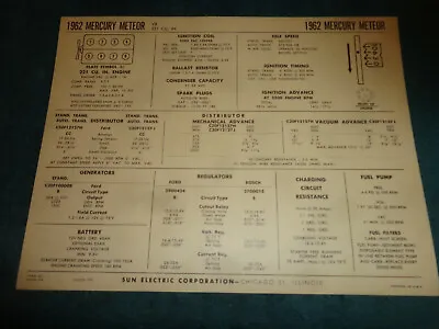 $9.99 • Buy 1962 Mercury Meteor 221 V8 Engine Sun Tune-up Chart / Useful Item