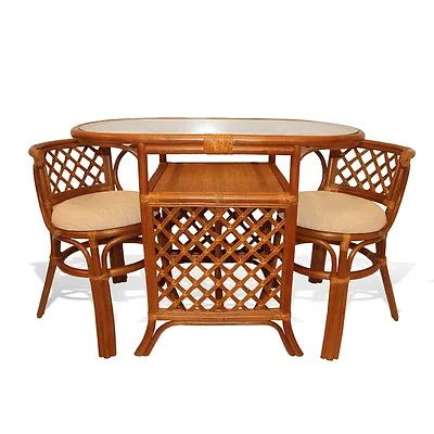 Borneo Handmade Rattan Dining Set: Oval Table With Glass + 2 Chairs Colonial • $699.99