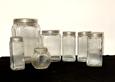 Vintage 7 Hoosier Cabinet Style Ribbed Glass Canisters Jars Coffee Tea Spice • $135