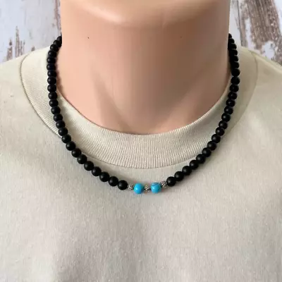 Matte Black Onyx And Turquoise Howlite Mens Beaded Necklace • $28