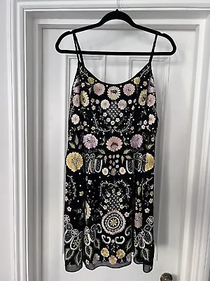 Needle And Thread Size 14 Sleeveless Strappy Knee Length Black Embroidered Dress • £185