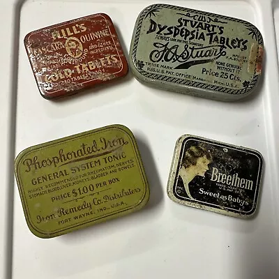 Lot Of 4 Vintage Medicine Tins DILL'S STUART’S BREETHEM PHOSPHORATED IRON • $24