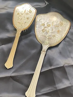 Vintage Hand Held Vanity Mirror And Hair Brush Set Floral Vines • $15