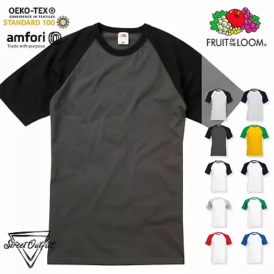 Mens Baseball Raglan T-Shirt Short Sleeve Classic Top Cotton Fruit Of The Loom • £6.87