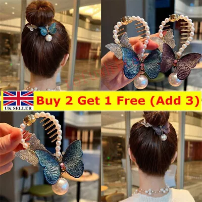 Womens Crystal Pearl Butterfly Hair Clips Claw Clamp Ponytail Holder Hairpin UK • £3.41