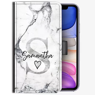 Personalised Initial Phone Case;Grey Marble PU Leather Cover;Name With Heart • $54.11