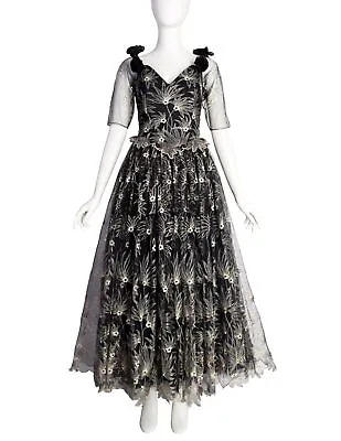 Zandra Rhodes Vintage 1980s Black And Gold Embroidered Floral Tulle Princess Gow • $1365