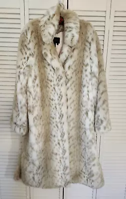 Dennis Basso White Animal Print Faux Fur Coat Vintage L Leopard Print Long 52  H • $99.99