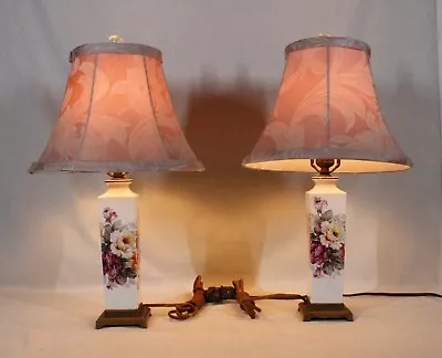 Vintage Pair Of Floral Hand Painted Bedroom / Dressing Table Lamps 20 1/2  Tall • $239.99