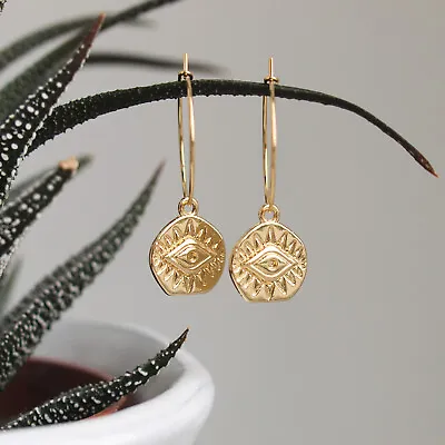 Evil Eye Gold Coin Hoop Earrings - Spirtitual Protection - Dangle Drop Charm UK • £13.99