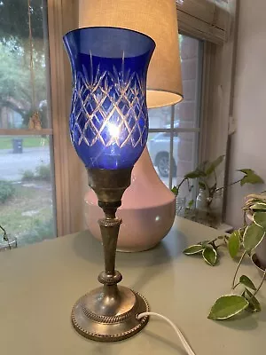 Vintage Silver-Plated Lamp With Cobalt Blue Cut To Clear Globe * Bohemian Czech • $70