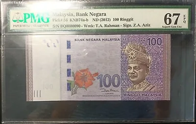 Malaysia Banknote Rm100 Pmg67epq Low Number Bq0000090 Zeti Gabenor • $128