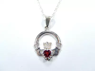 Sterling Silver Irish Claddagh Pendant With Red Garnet W/18  Sterling Chain • $29.99