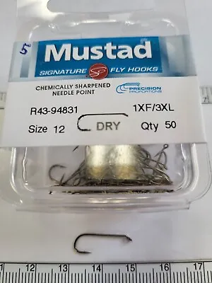 Mustad Dry Fly Hook    R43-94831    1XF/3XL  Size: 12  Qty 50  Fly Tying • $7.25