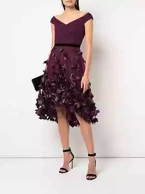 $795 New Marchesa Notte Draped 3D Floral Wine Dress Aubergine High Low Midi 2 10 • $425