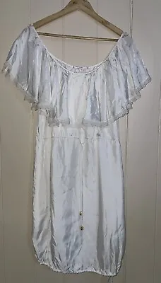 Nevenka Ivory Rayon Dress Size 8 Frill Off Shoulder Double Drawstring VGC • $19