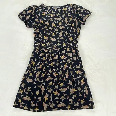 MYNE Ashley Ann Womans Size 4 Silk Wrap Dress Short Sleeve Black Bird Print • $16