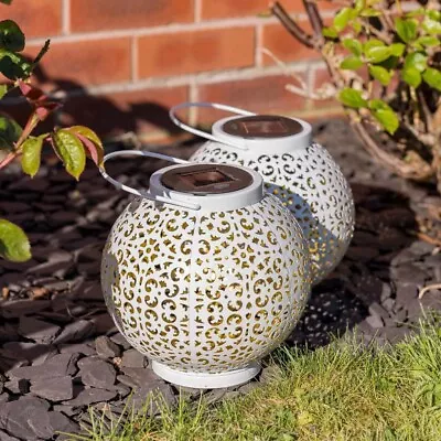 Pack Of Two Solar Hanging Lanterns White Sphere Garden Outdoor Décor LED Lights  • £29.99