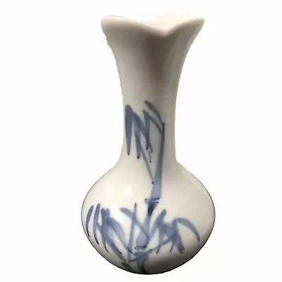 VINTAGE HAND PAINTED VASE Korean Ceramic -White With Blue Bamboo Design • $16