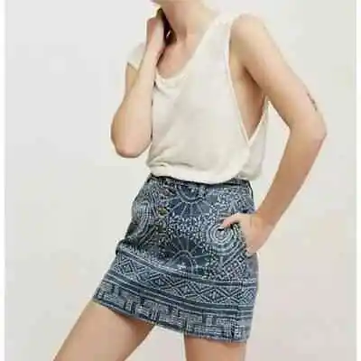 Free People School Daze Printed Denim Skirt Tribal Mini Exposed Buttons Sz 0 • $22.39