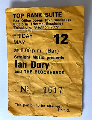 Ian Dury & The Blockheads 12th May 1978 Top Rank Suite Brighton Ticket Stub • £12.99