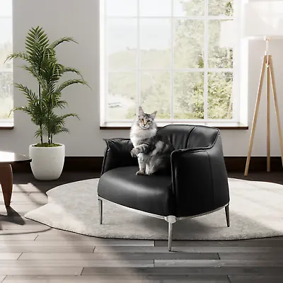 Italian Leather Armchair Soft Single Sofa Accent Chair Steel Leg For Decoration • £399.99