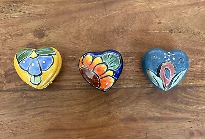 Mexican Pottery Heart Shape Trinket Boxes Hand Painted Set Of 3 • $15