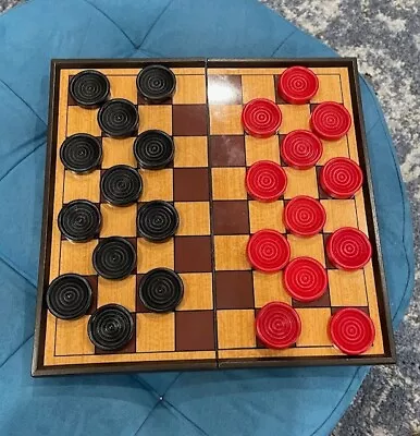 Vintage Checkers Game Wooded Folding Box Wooden Chips Great Condition • $25