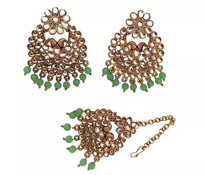 New Bridal Maang Tikka Earrings Set Pearl Kundan Gold Tone Green Indian Jewelry • $12.38