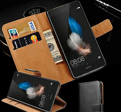 Black REAL LEATHER WALLET STAND GEL CASE FOR HUAWEI Y7 2019 UK FAST FREE POST • £4.15