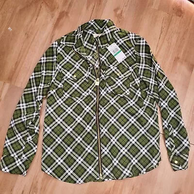 MSRP $74 Michael Kors Women's EverGreen Plaid Front Zip Shirt Top Size L • $22.94